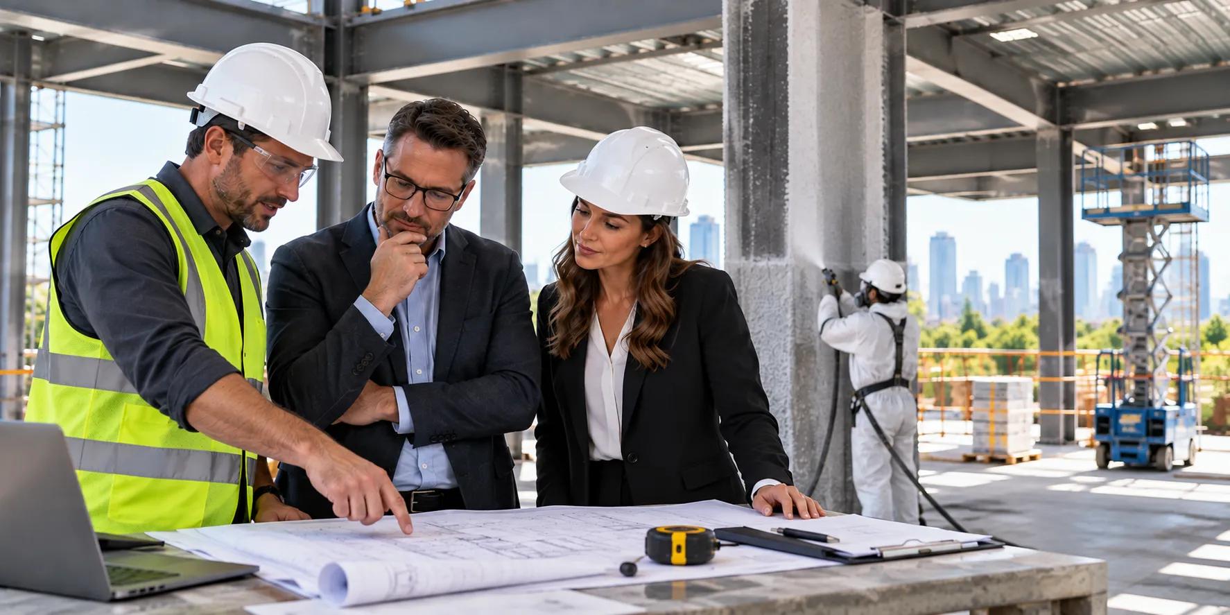Contractor and clients reviewing fireproofing project plans